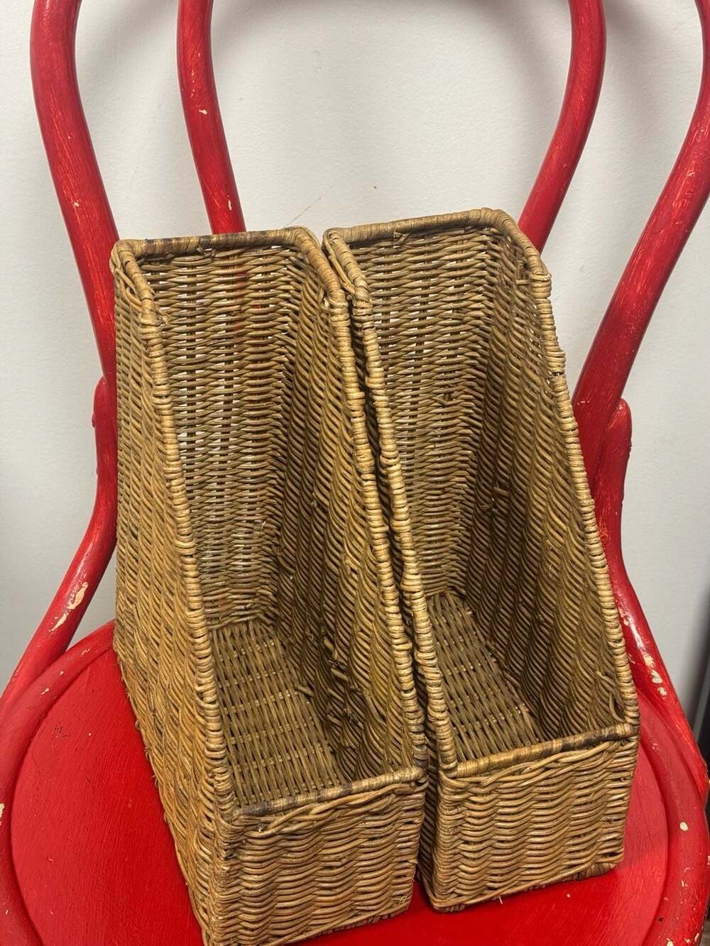 Set of 2 Vintage Woven Rattan Wicker Magazine File Holders
